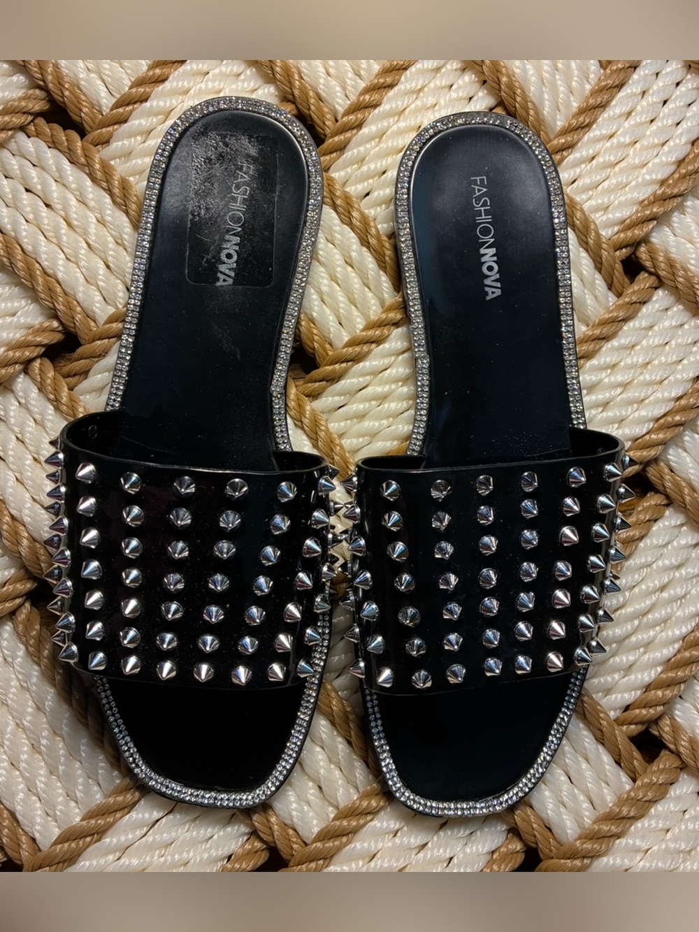 Fashion Nova Black Studded Crystal-Trim Slide Mules (w/imperfection in photo 4)
